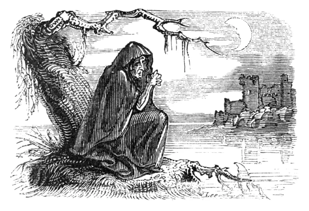 A cloaked, long-haired Banshee mourning beneath a bare tree, illustrated for Croker's Fairy Legends