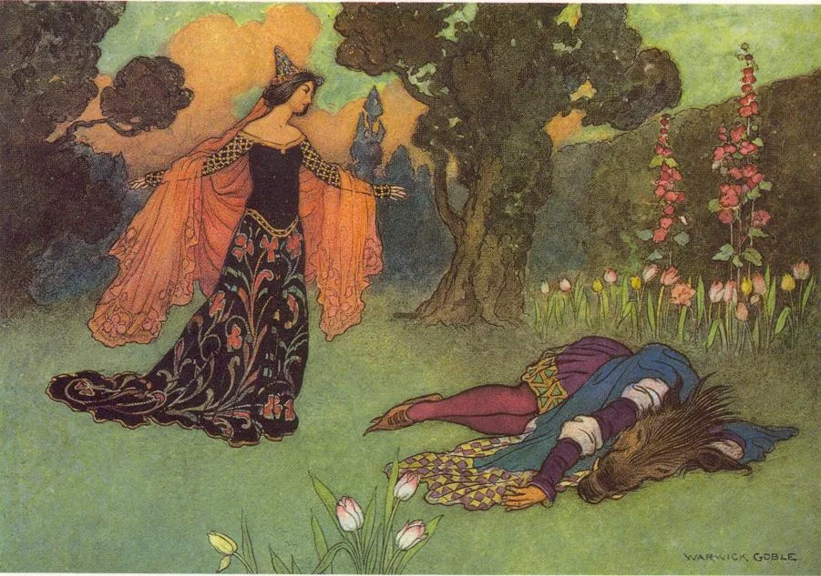 Beauty standing beside the Beast in an enchanted garden in Warwick Goble's fairy-tale illustration