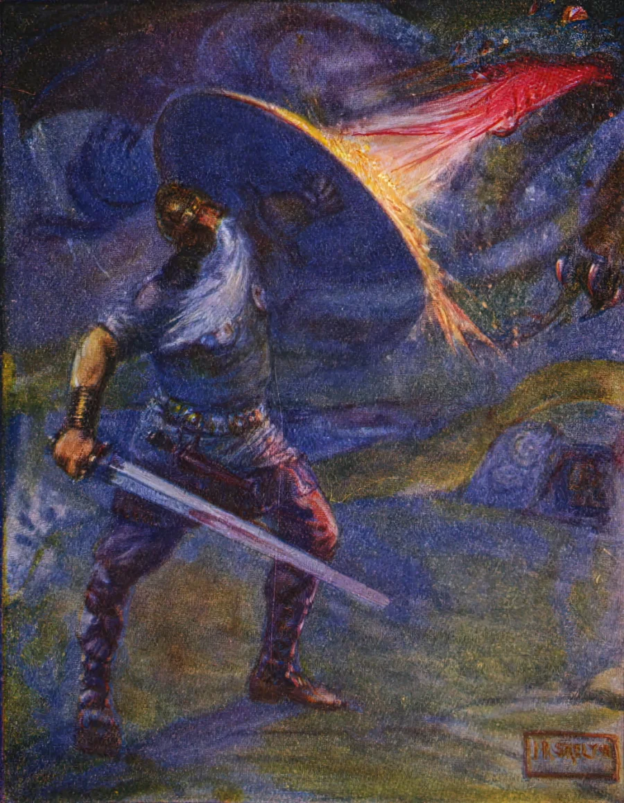 Beowulf raising his shield against a fire-breathing dragon, painted by J. R. Skelton