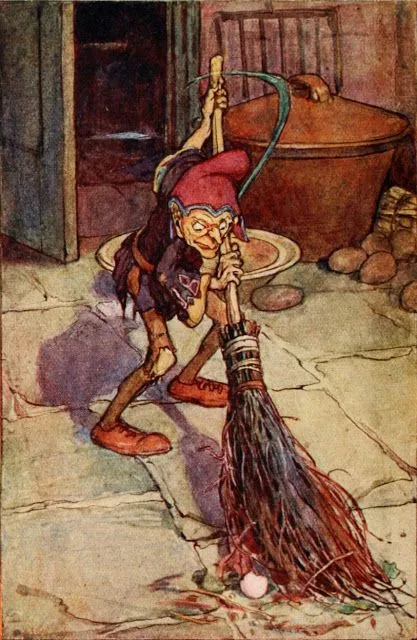 A small brownie sweeping a kitchen floor at night, illustrated by Alice B. Woodward