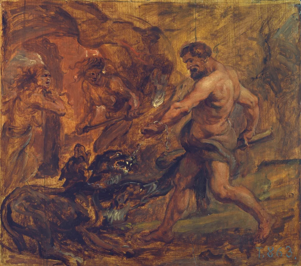 Heracles wrestling the three-headed Cerberus in a painting by Peter Paul Rubens