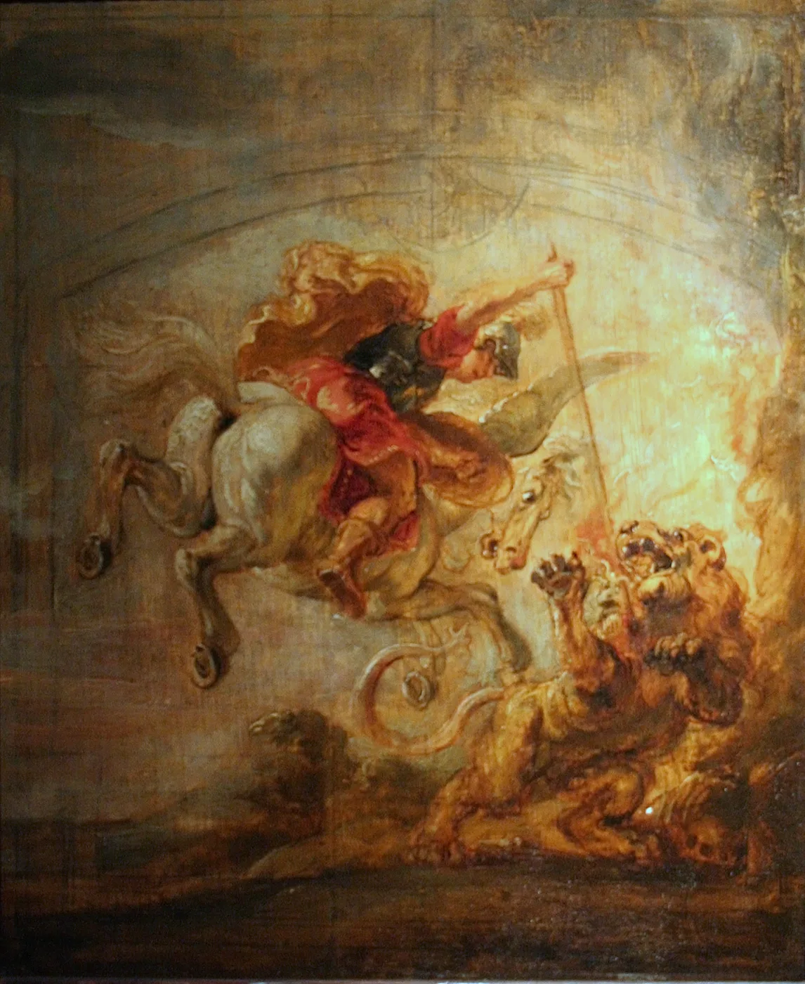 Bellerophon riding the winged horse Pegasus and striking the Chimera in a painting by Peter Paul Rubens