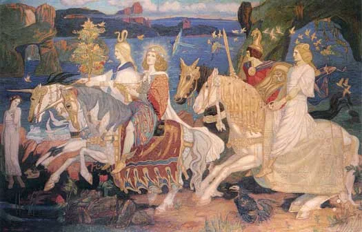 A richly dressed fairy cavalcade riding through a luminous landscape in John Duncan's painting The Riders of the Sidhe