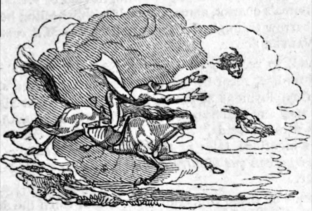 A headless rider racing through the night while disembodied heads fly ahead, illustrated for Croker's Fairy Legends