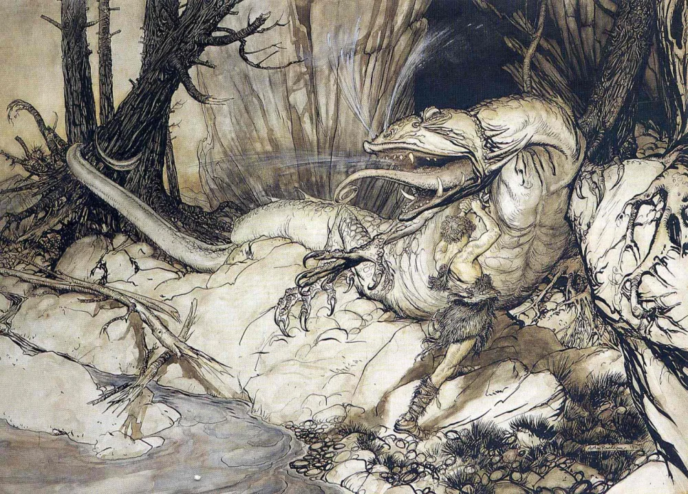 Arthur Rackham’s Siegfried fighting Fafnir