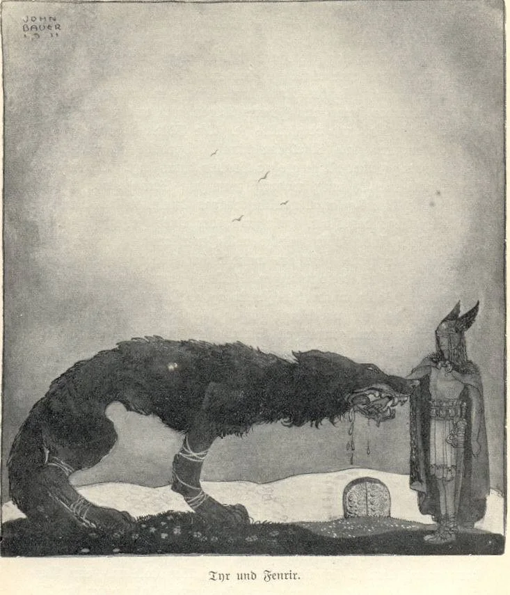 The enormous wolf Fenrir facing the one-handed god Tyr in an illustration by John Bauer