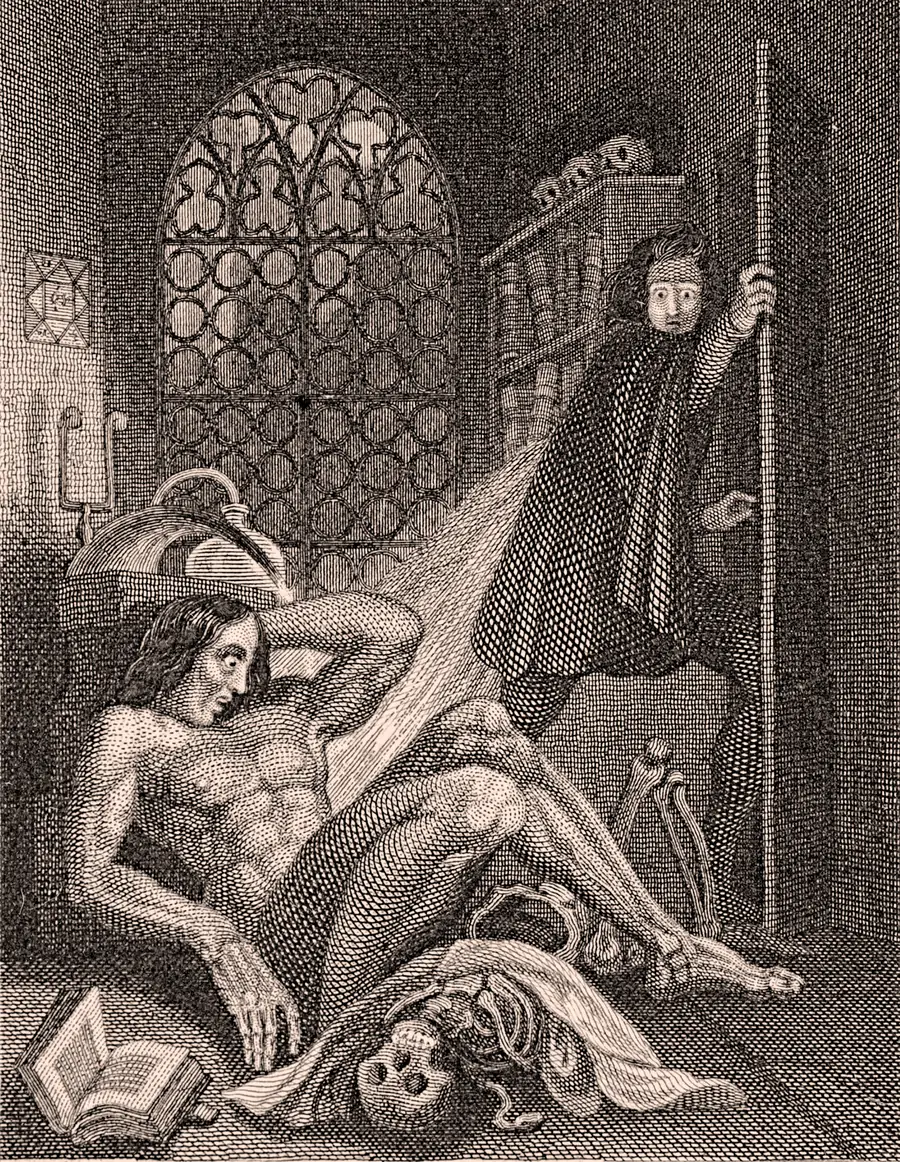 Victor Frankenstein recoiling from his newly animated Creature in Theodor von Holst's frontispiece