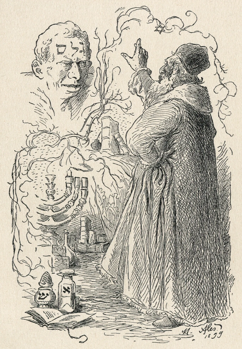 Mikoláš Aleš’s drawing of Rabbi Löw raising a hand beside the Golem’s face, with Hebrew lettering on its forehead