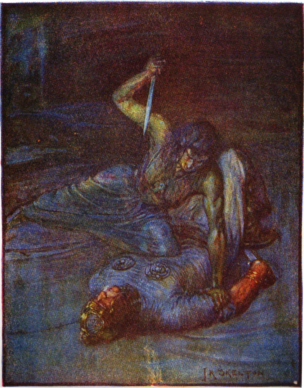 Beowulf wrestling Grendel's Mother as she raises a dagger in a submerged hall, illustrated by J. R. Skelton