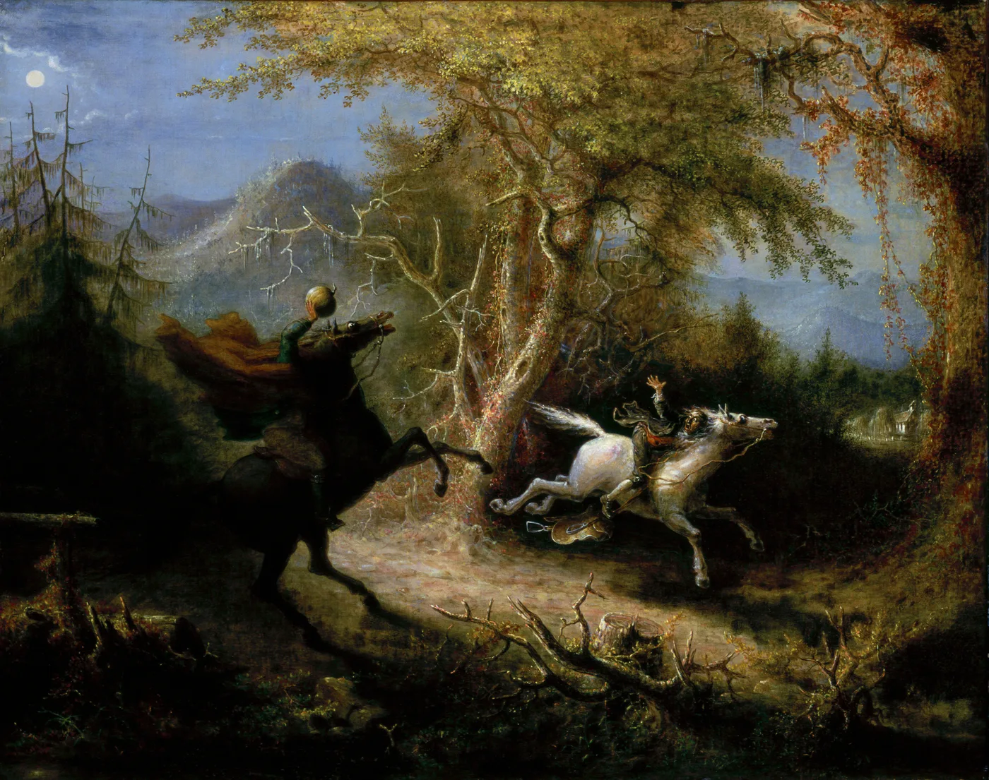 The Headless Horseman on a white horse pursuing Ichabod Crane through a dark landscape in John Quidor's painting