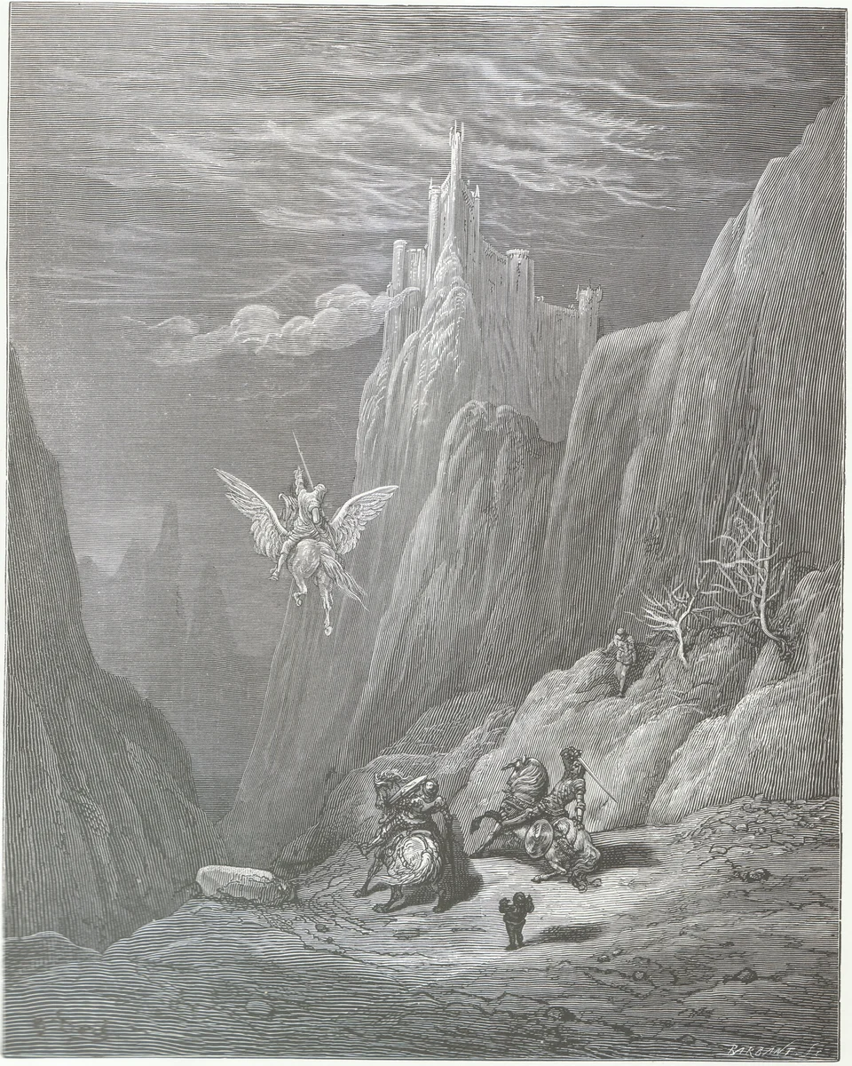 A rider on a winged hippogriff flies above fallen knights beneath a castle on a steep mountain, in an illustration by Gustave Doré