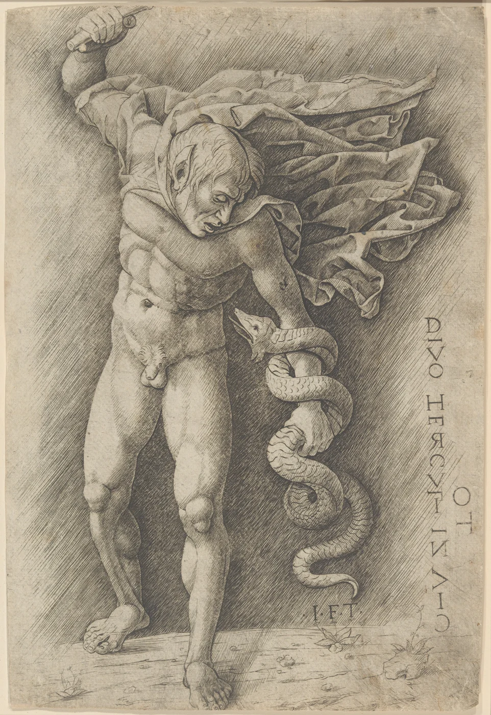 Hercules raises a weapon while holding a coiling serpent in an engraving attributed to the school of Andrea Mantegna