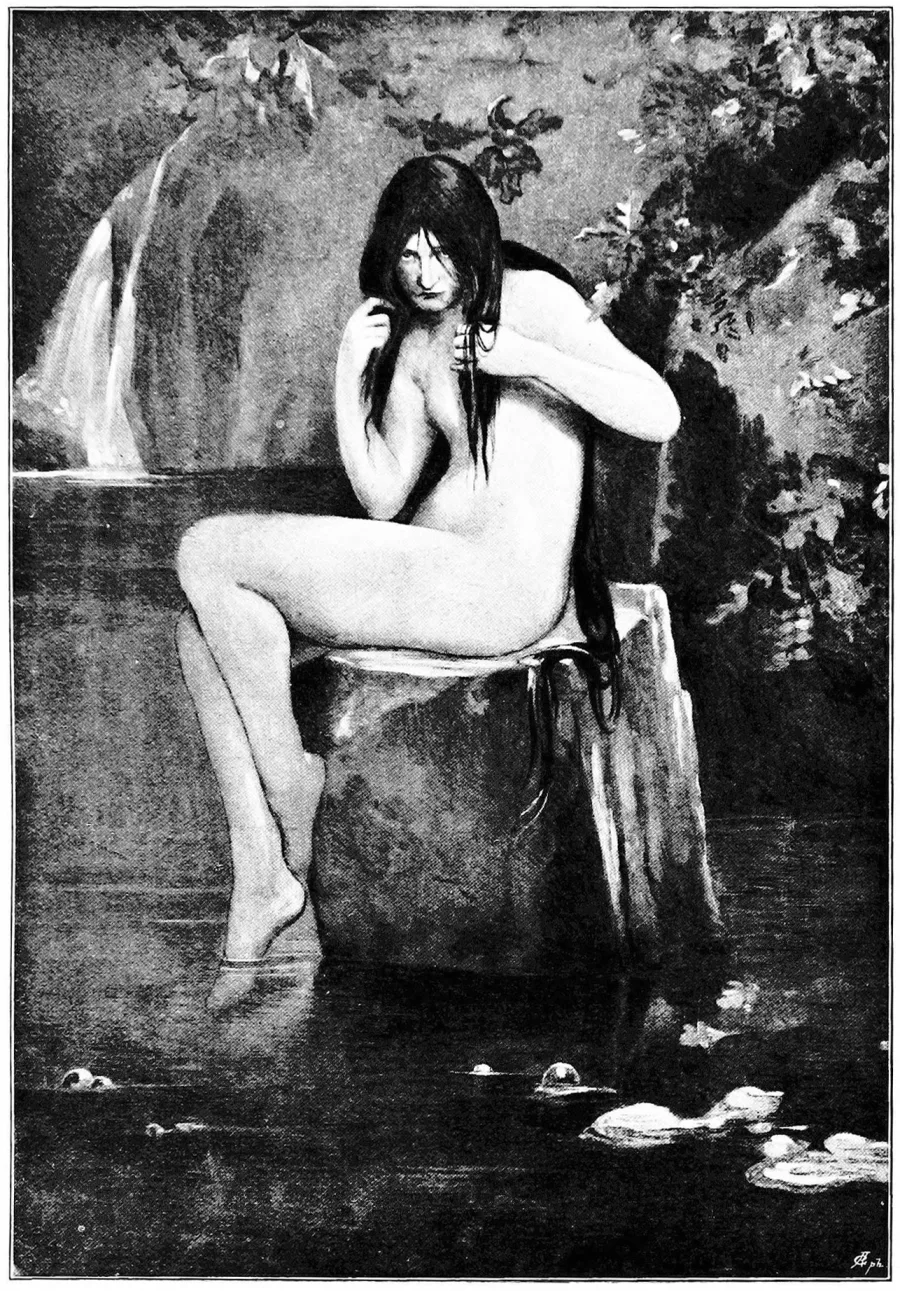 A dark-haired water-spirit seated beside a waterfall in Thomas Millie Dow's painting The Kelpie