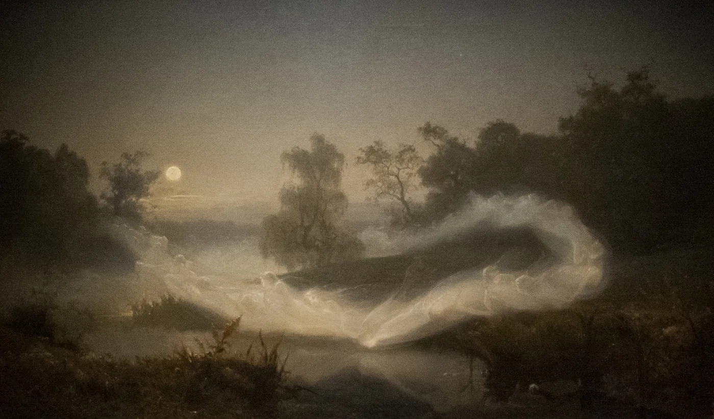 Pale, mist-like elves dancing in a moonlit Swedish landscape in August Malmström's painting Älvalek