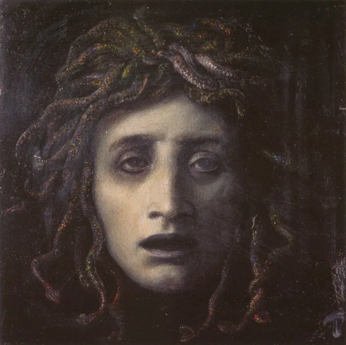 Medusa's pale face surrounded by dark snakes in an 1878 painting by Arnold Böcklin