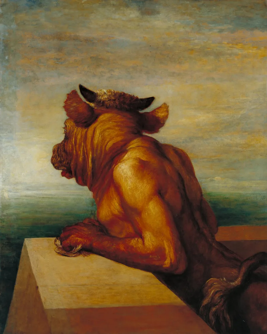 The bull-headed Minotaur seated on a stone wall in a painting by George Frederic Watts