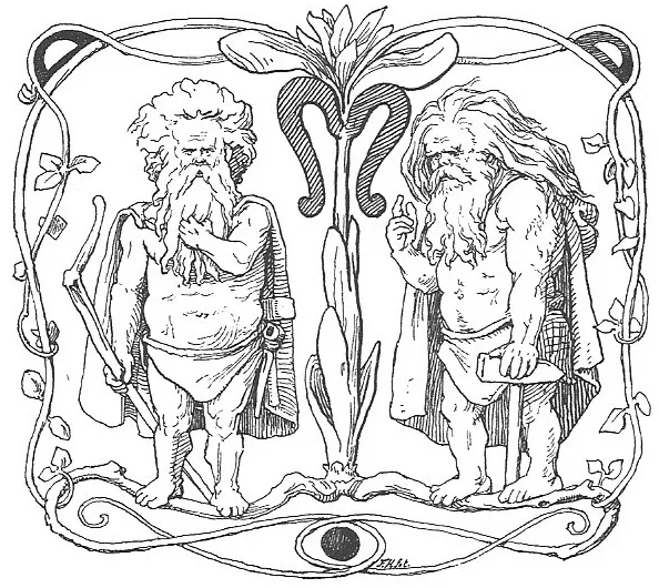 Two bearded dwarfs holding tools in Lorenz Frølich's illustration for Völuspá