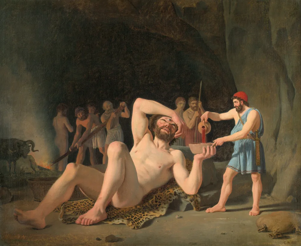 Odysseus and his companions gathered in the rocky cave of Polyphemus in a painting by Constantin Hansen
