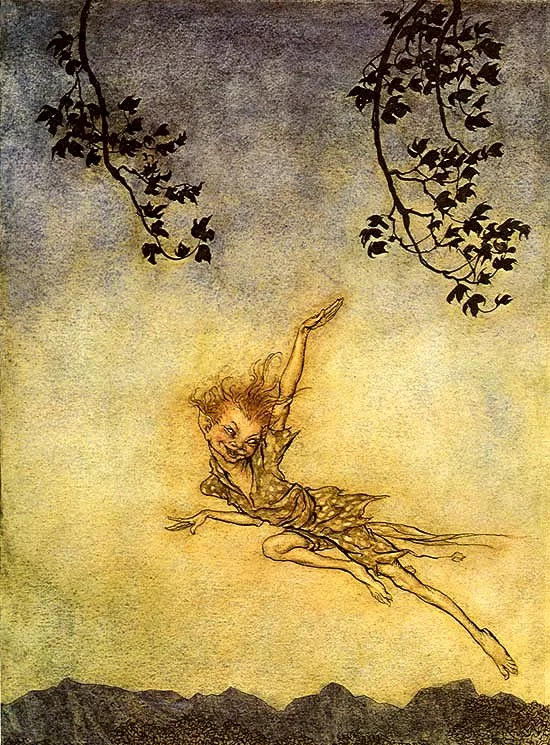 Puck flying through the night sky in an illustration by Arthur Rackham