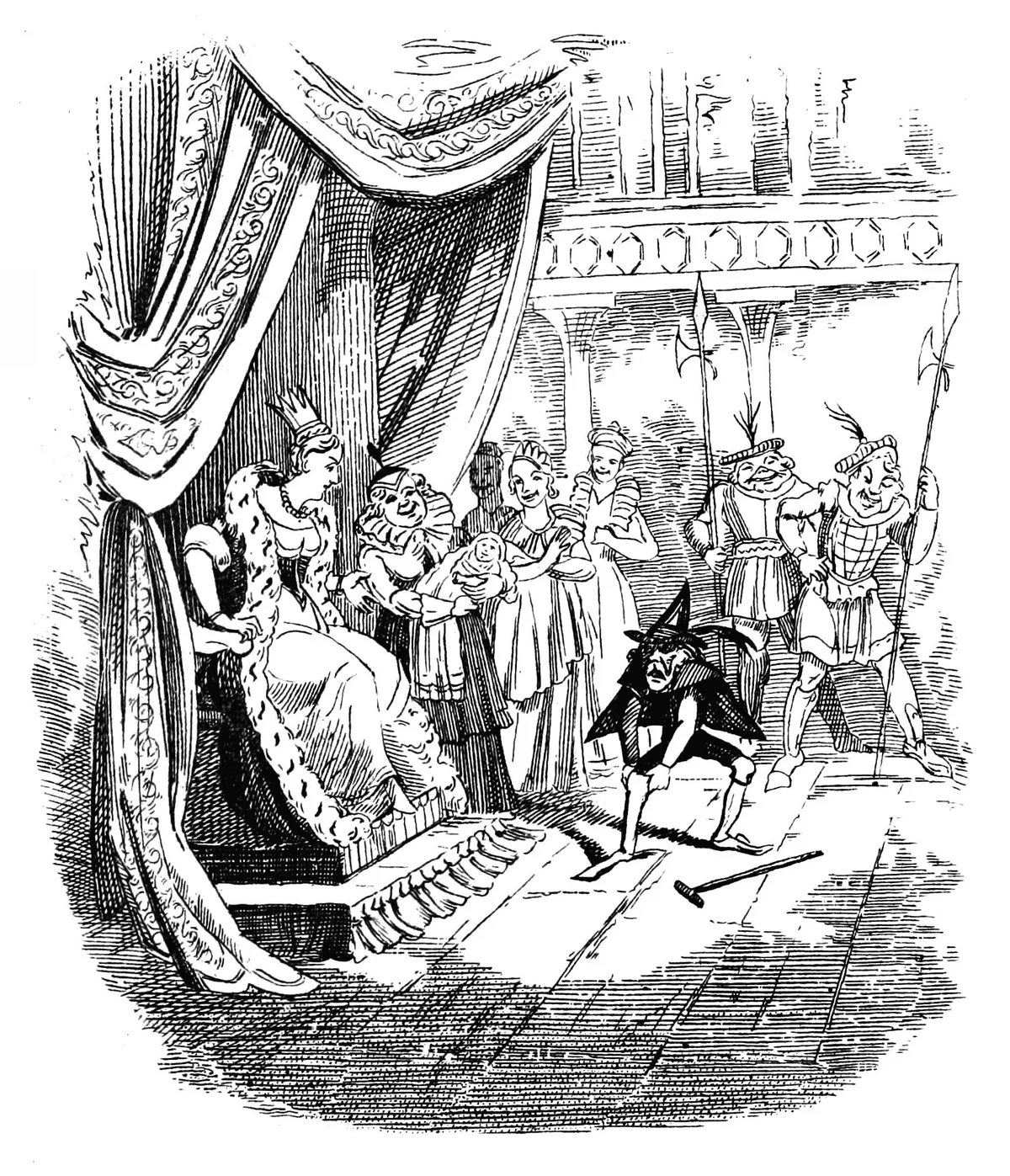 Rumpelstiltskin reacting before the queen and her assembled court in an illustration by George Cruikshank