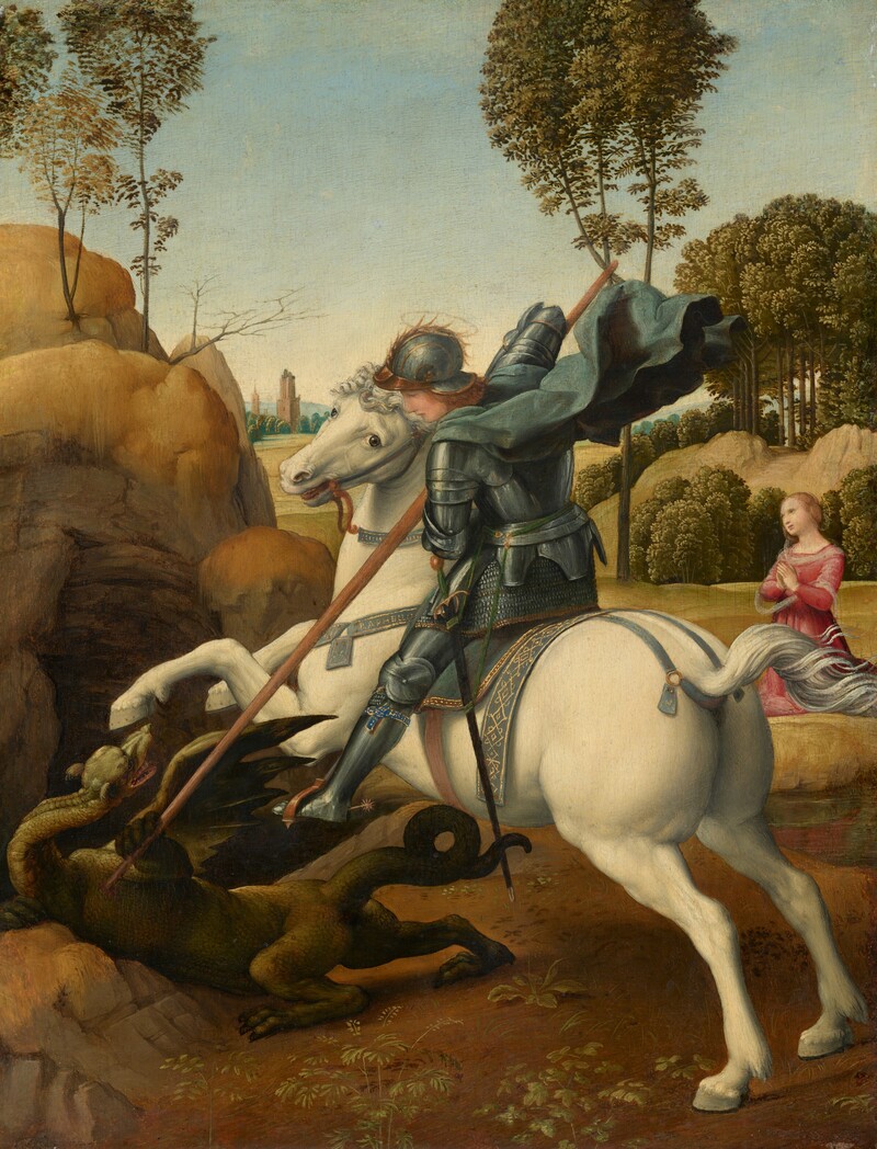 Saint George on a white horse drives a lance at a winged dragon, with a kneeling princess behind him, in Raphael’s painting.