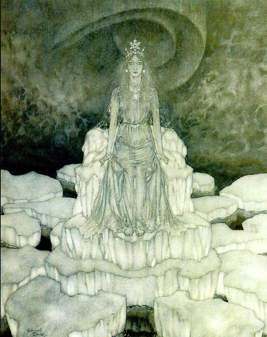 The Snow Queen seated amid dark blue ice in her frozen palace in an illustration by Edmund Dulac