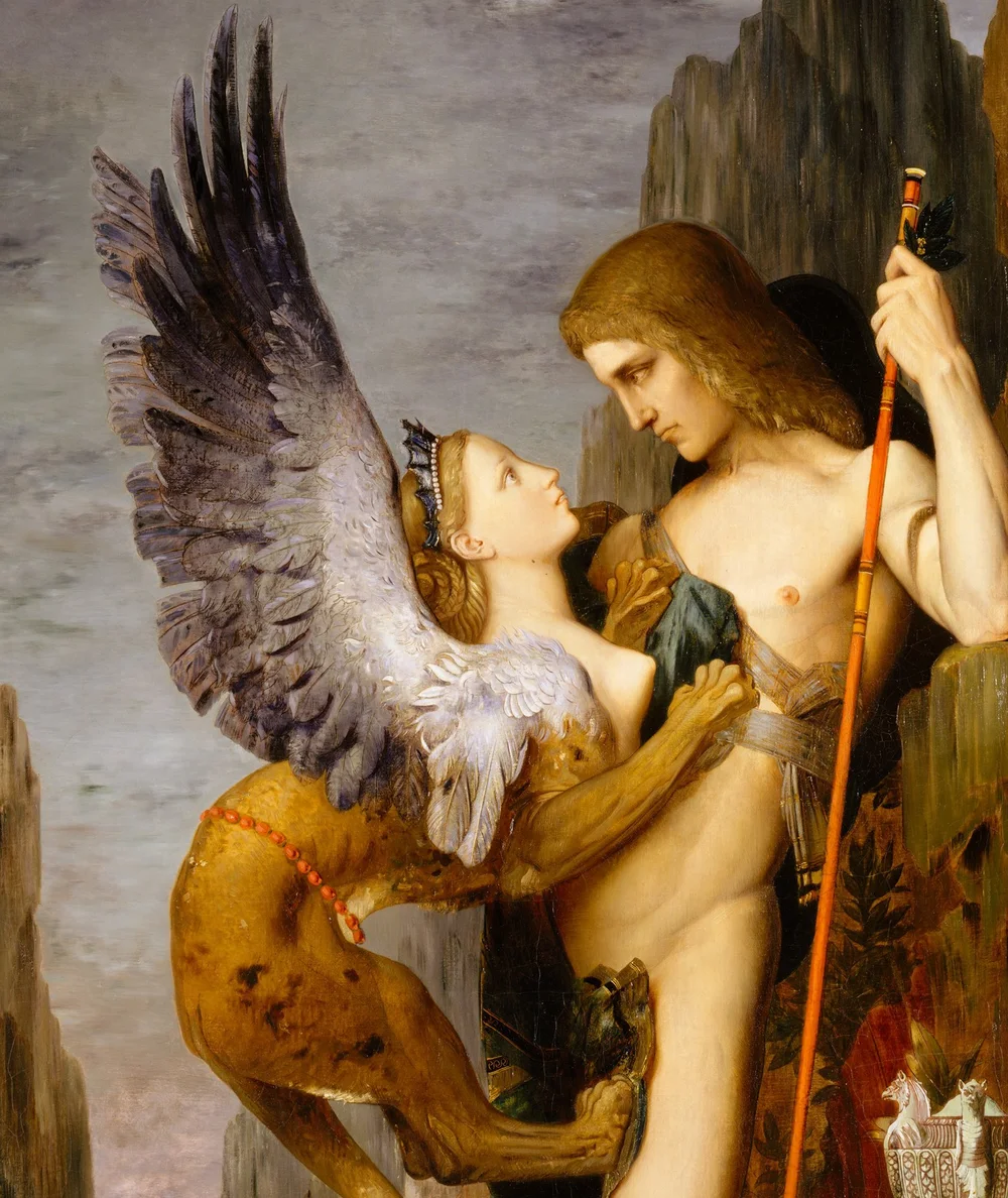 The winged Sphinx confronting Oedipus among the rocks in Gustave Moreau's painting