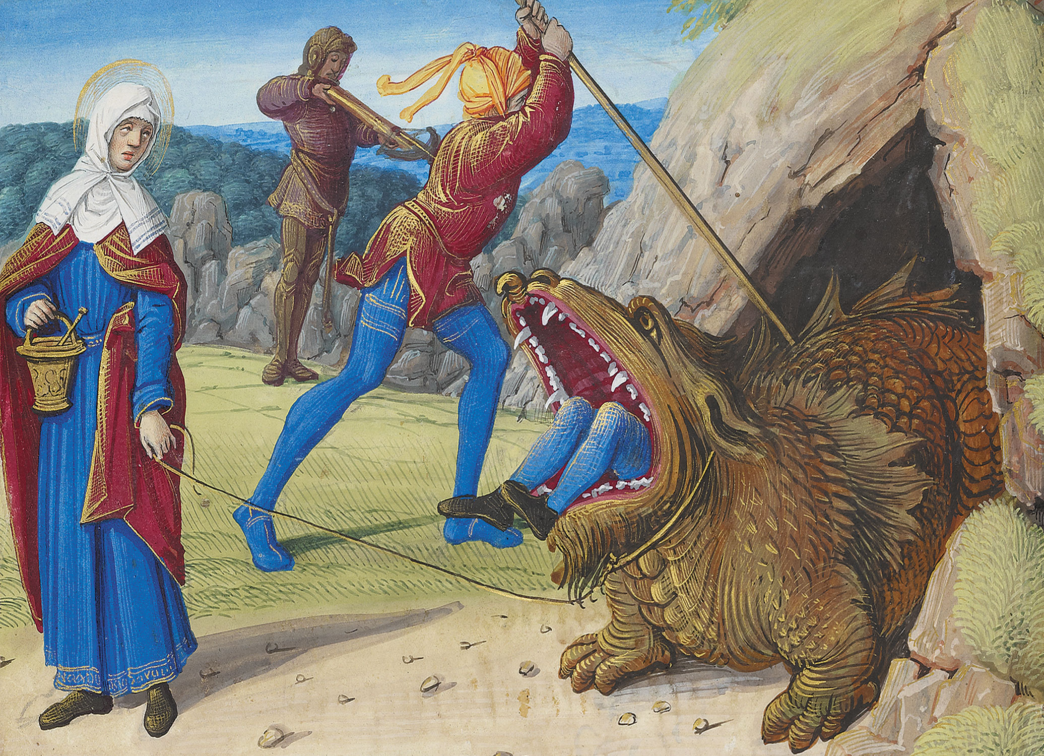Martha holds a cord attached to a toothed monster swallowing a man, while two men attack it with weapons, in Jean Poyer’s manuscript miniature.