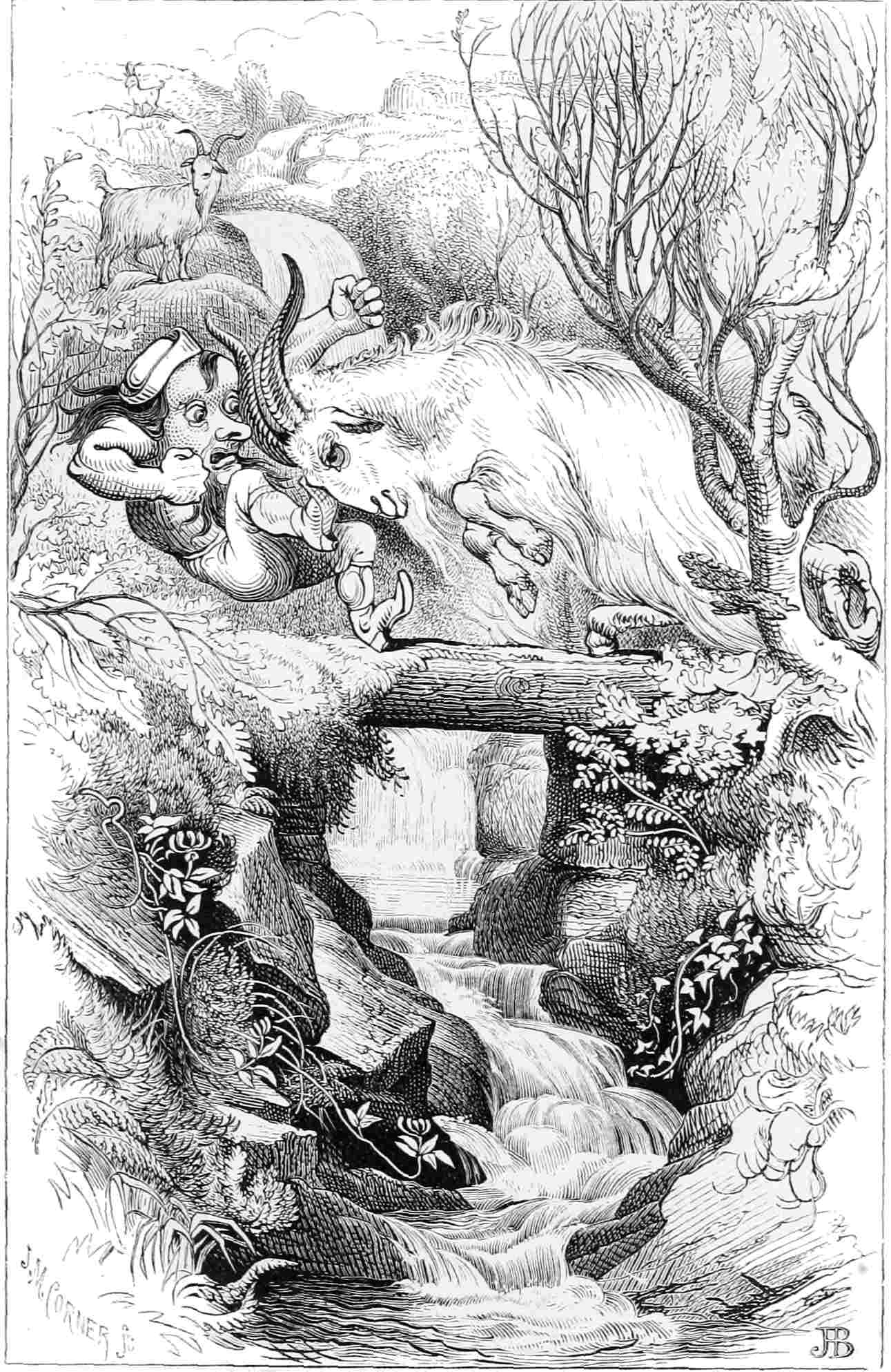 An 1862 illustration of the largest billy-goat striking the troll with his horns on a log bridge above a rocky stream, with two goats behind