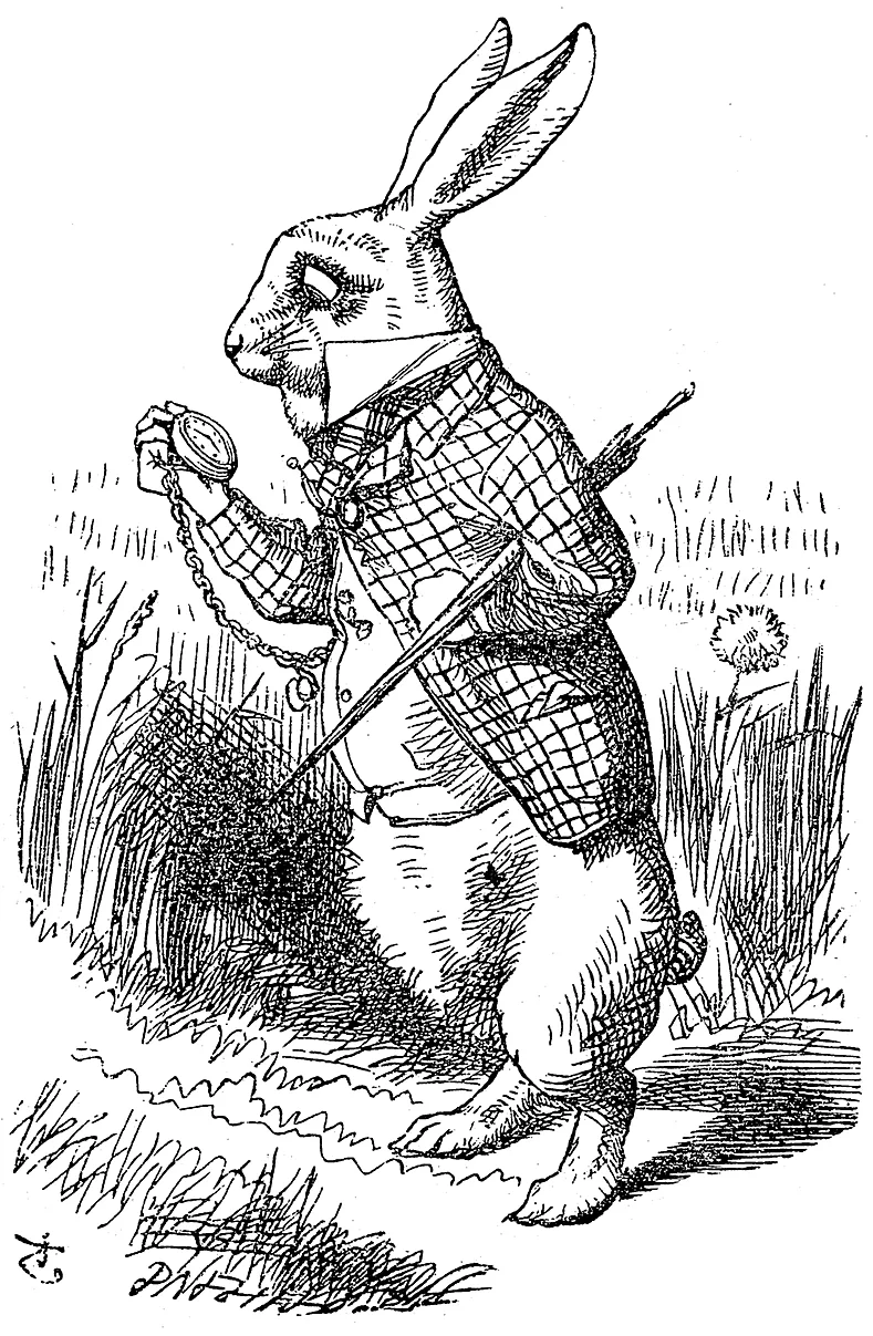 The White Rabbit in a checked waistcoat looking anxiously at his pocket watch, illustrated by John Tenniel