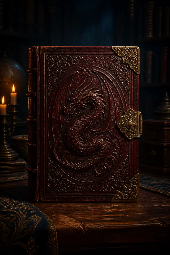 An ancient closed leather book with metal clasps and an engraved dragon